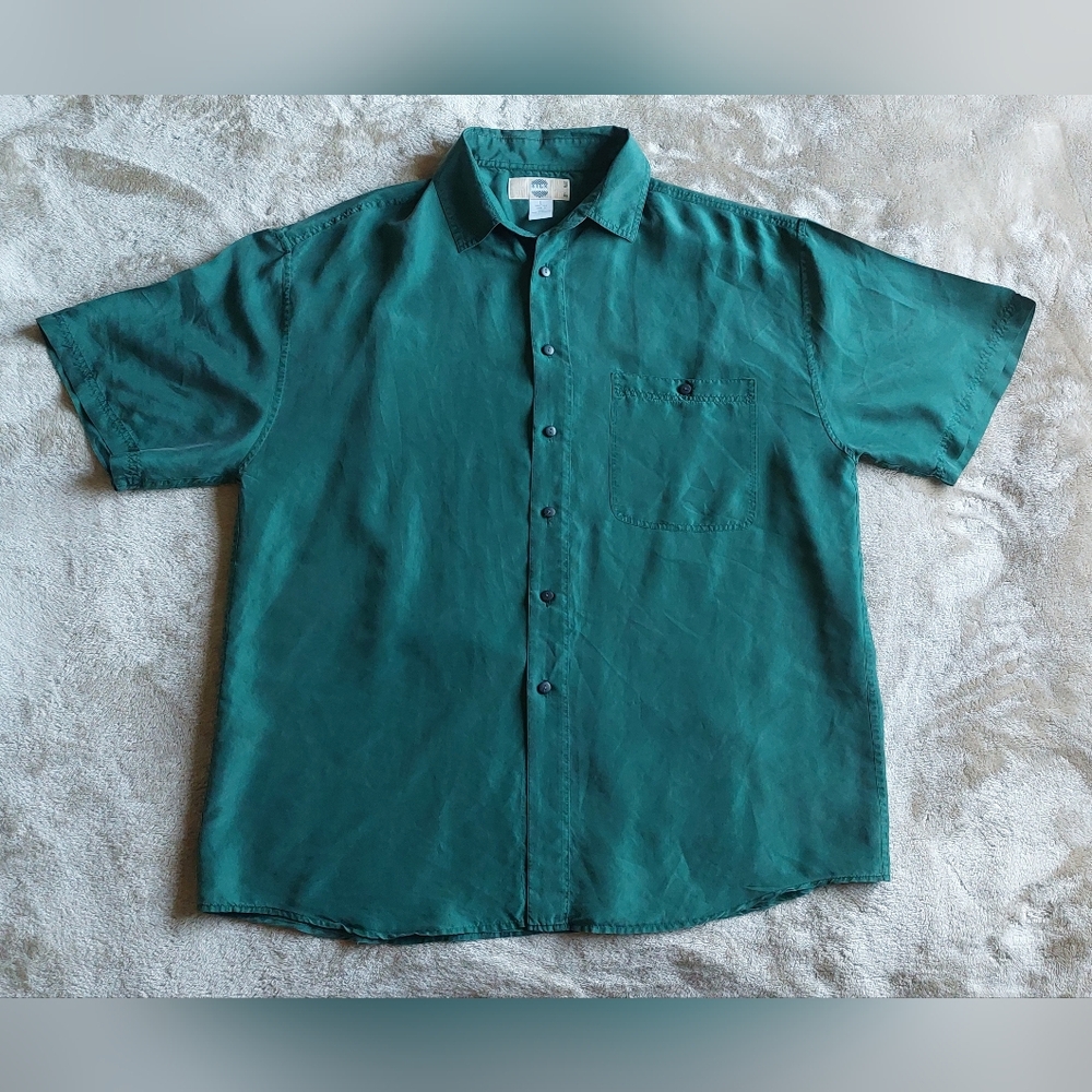 Silk Uomo by NAK Men's Green 100% Silk Relaxed Button Down Shirt | L